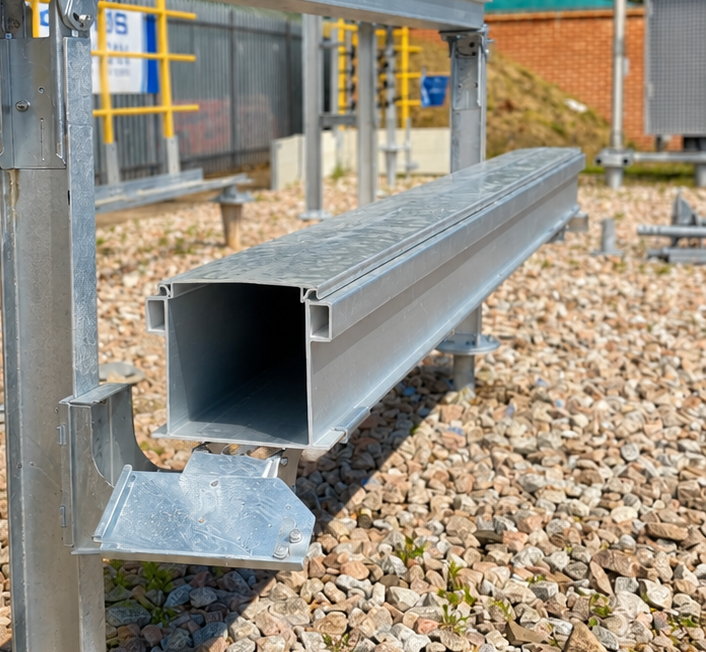 GRP GMAX trough on Anchor Systems screw anchor foundations, installed on rail ballast — no concrete