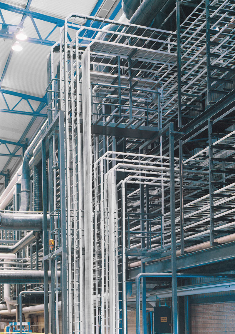 Complex industrial cable installation with long spans and heavy cable loads