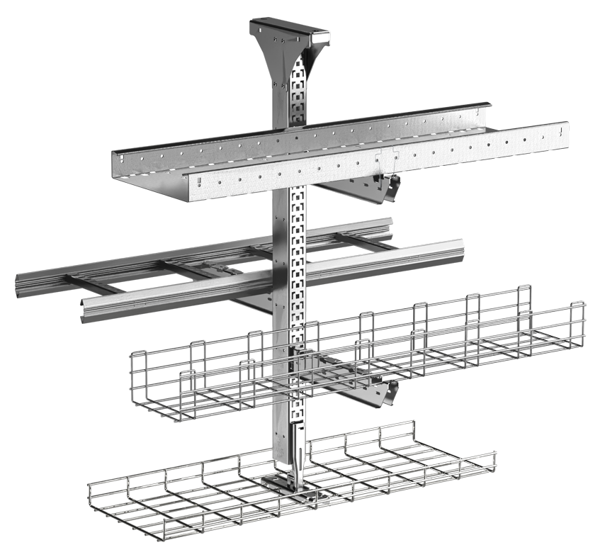 CLX3 pendant combining a cable ladder, cable tray and mesh trays in a single installation